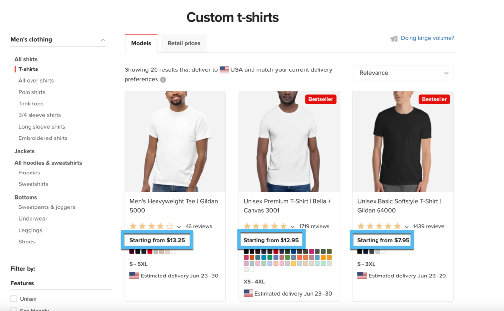 different shirt pricing