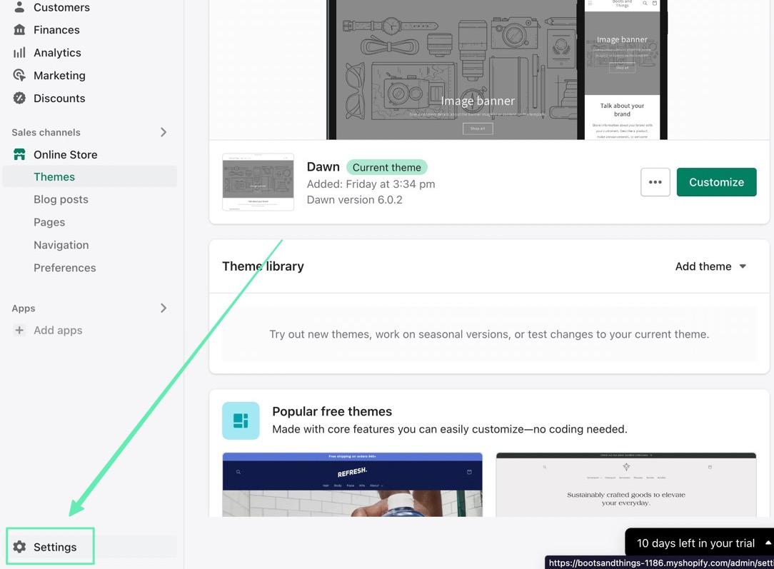 inställningar på Shopify Administration