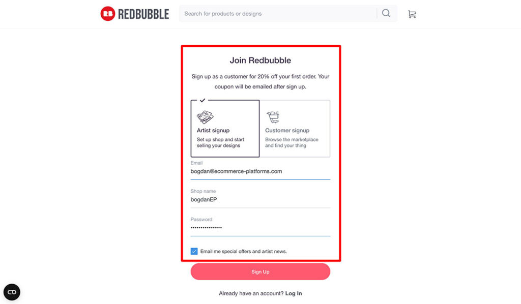 redbubble registreringsprocessen