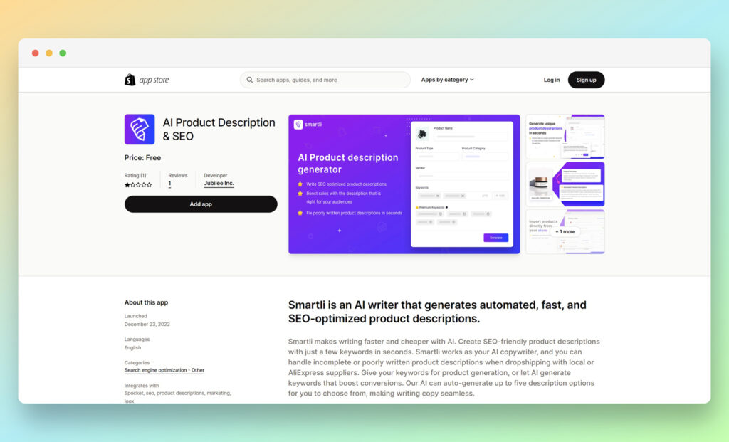 Smartli AI Product Description _ SEO - ứng dụng mô tả sản phẩm cho shopify