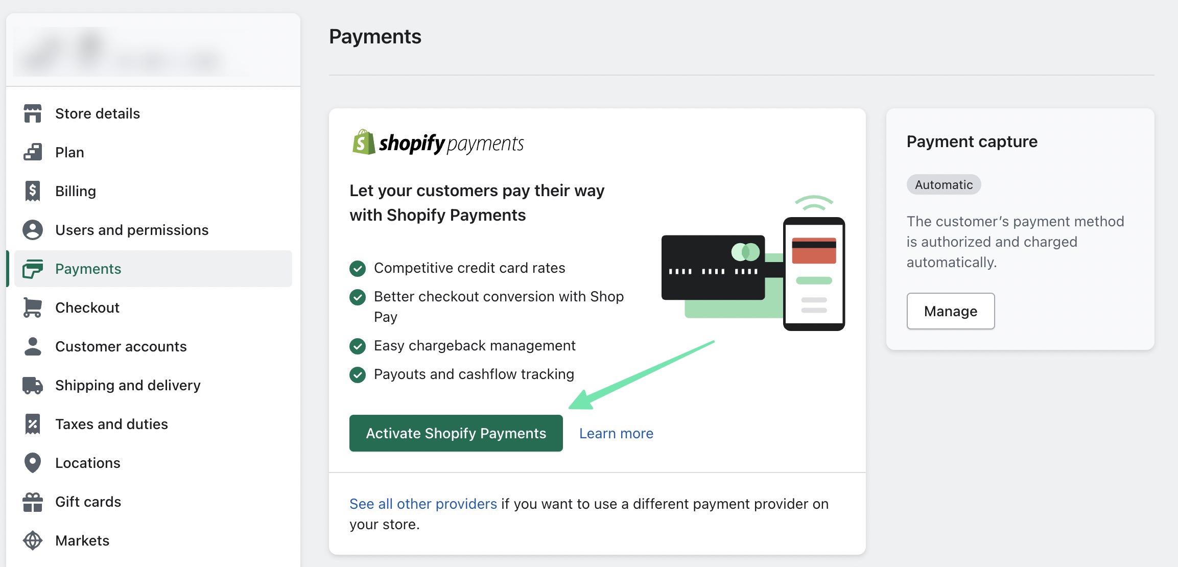 активировать платежи для вашего одного продукта Shopify магазин