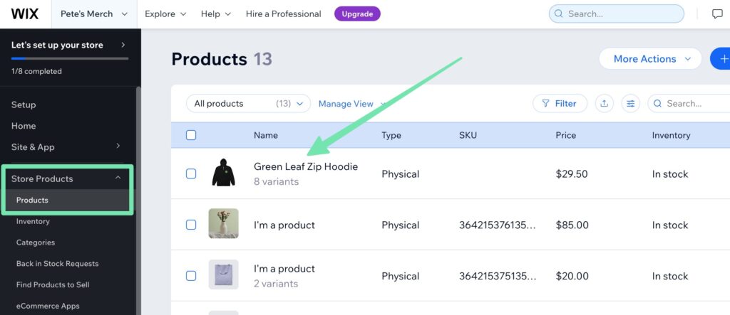 finding the item on Wix